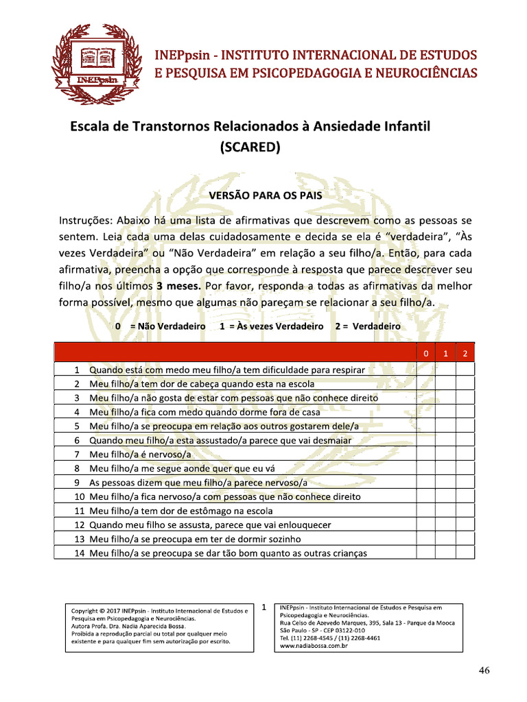 Escala de Transtornos Relacionados Ã Ansiedade Infantil (SCARED ...