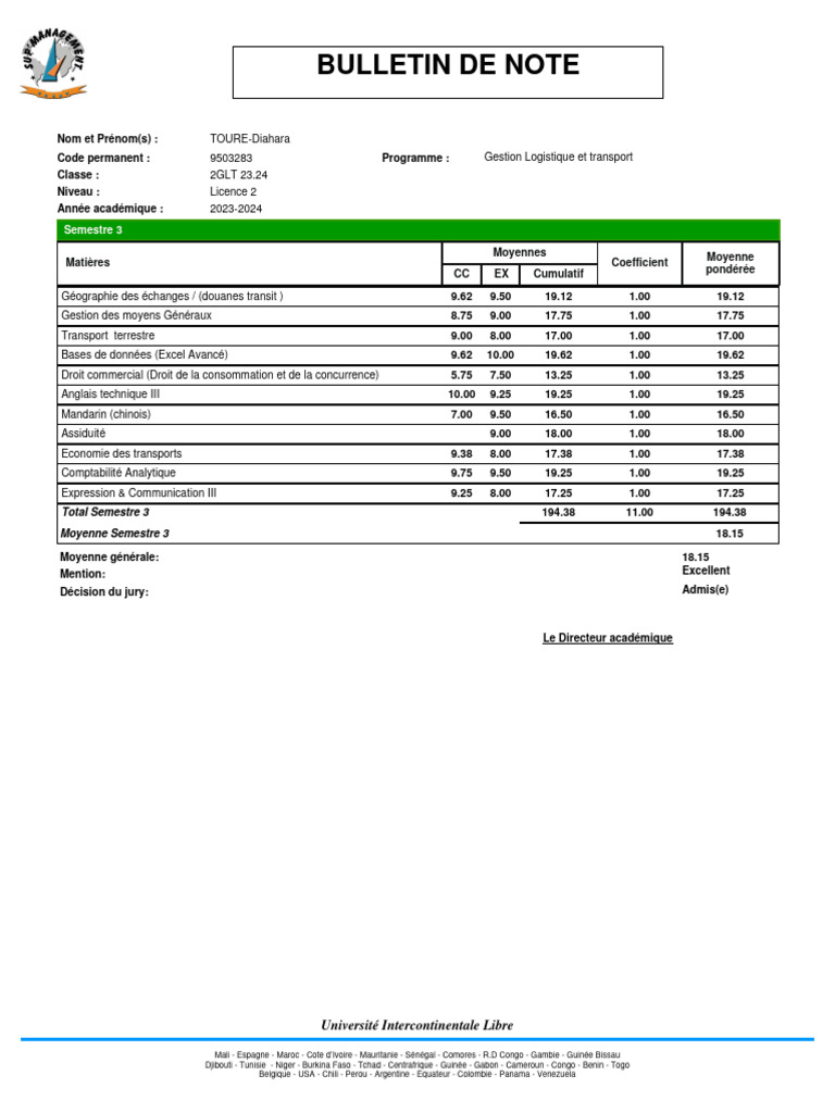 Bulletin de notes Licence 2 2023-2024 | PDF