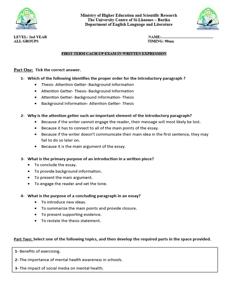 FIRST TERM EXAM 2nd Year | PDF | Essays | Human Communication