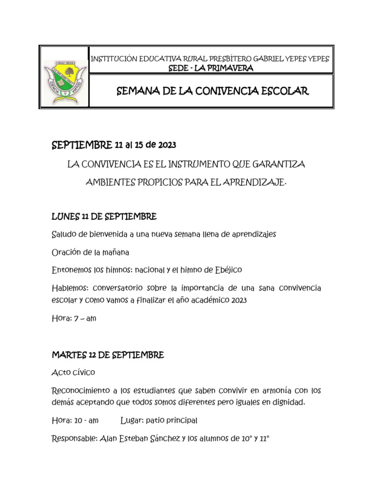 Semana de Convivencia Escolar 2023 | PDF
