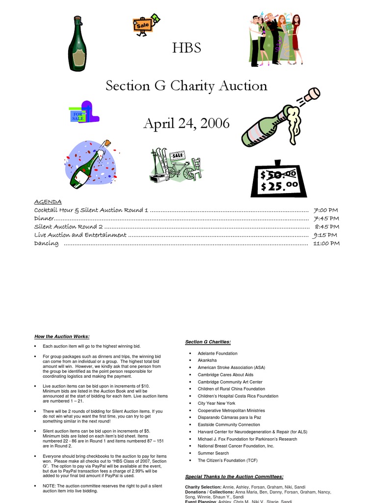 HBS Section G Charity Auction Agenda | PDF | Lunch | Restaurants