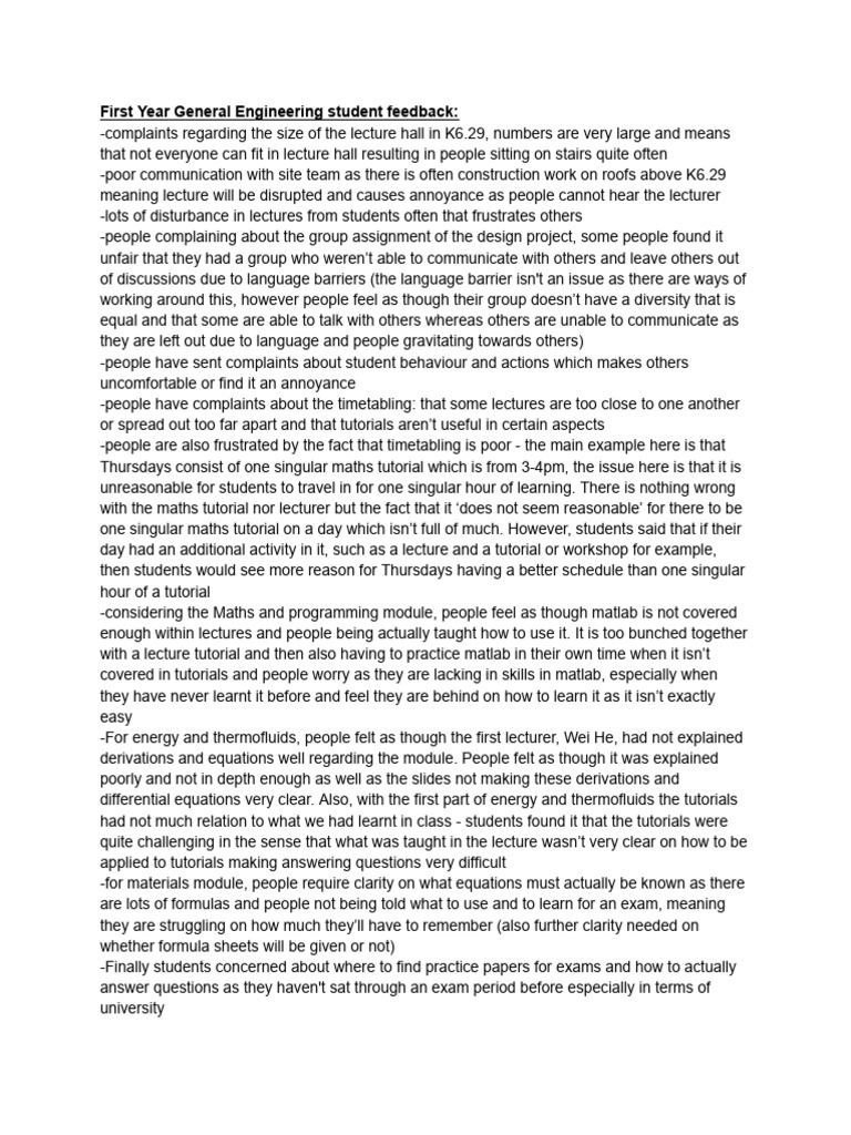 First Year Engineering Student Feedback | PDF | Lecture