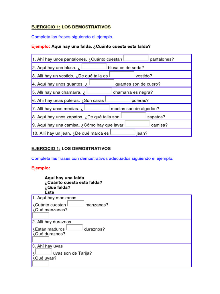 Ejercicio de Demostrativos en Español | PDF