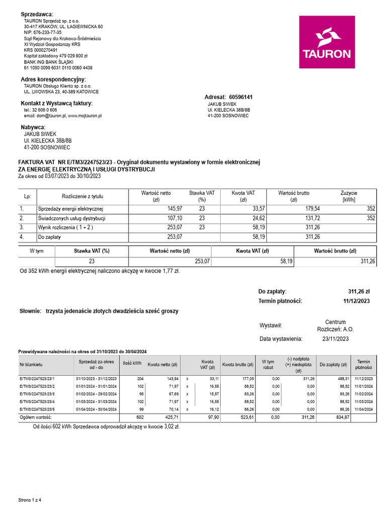 Od 352 kwh energii elektrycznej naliczono akcyz w kwocie 1 77 z pdf