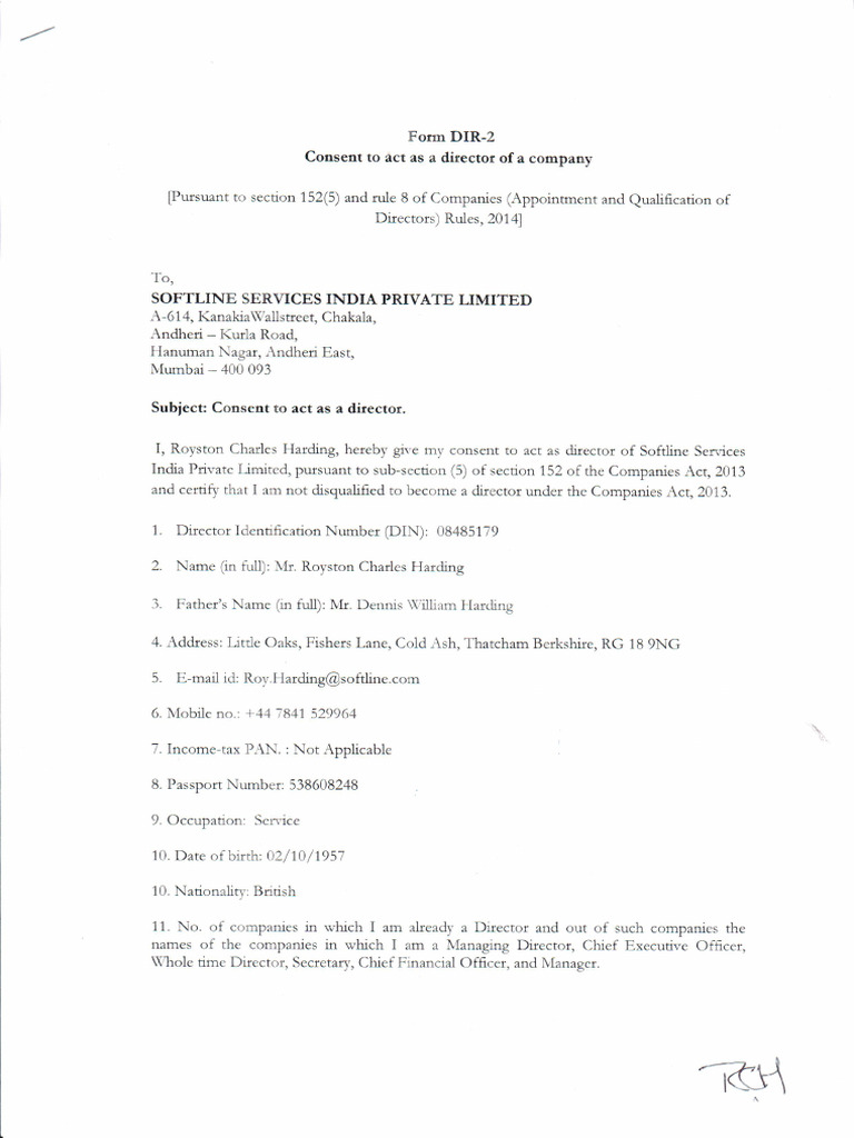 Declaration of The Appointee Director Managing Director in Form No. DIR ...