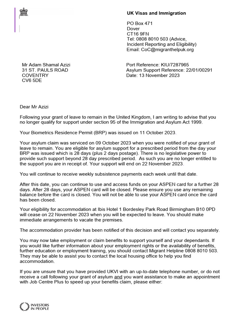 Asylum Support Termination Notice | PDF | Human Migration | Immigration