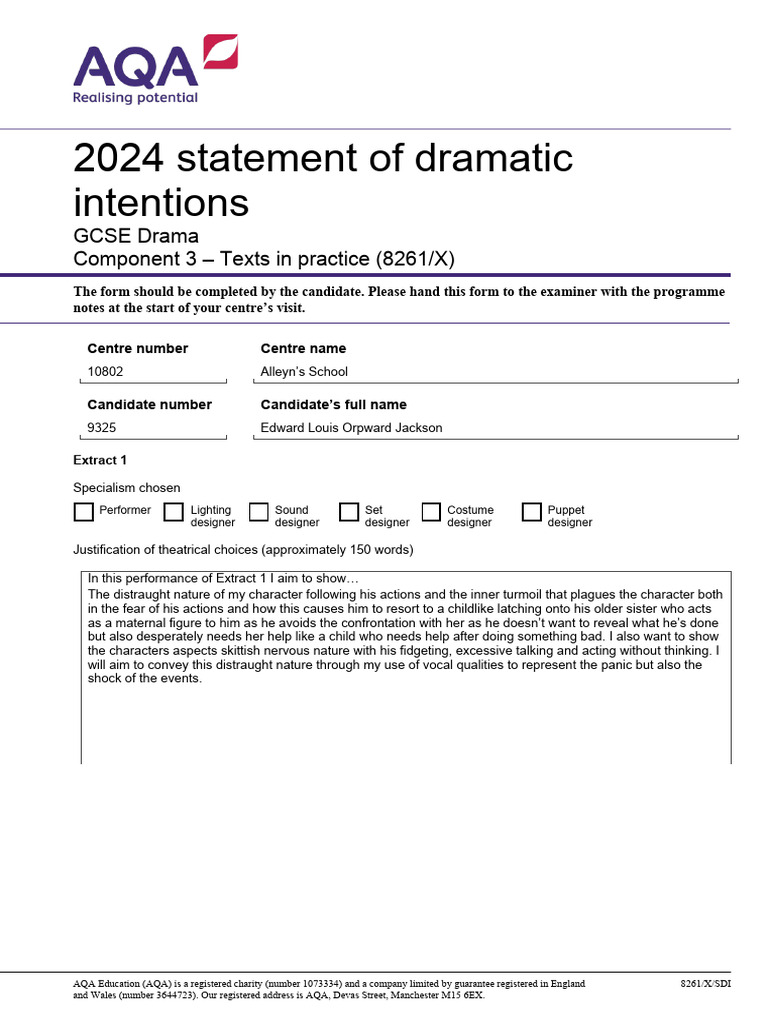 AQA Statement of Dramatic Intent 2024 Filled | Download Free PDF ...
