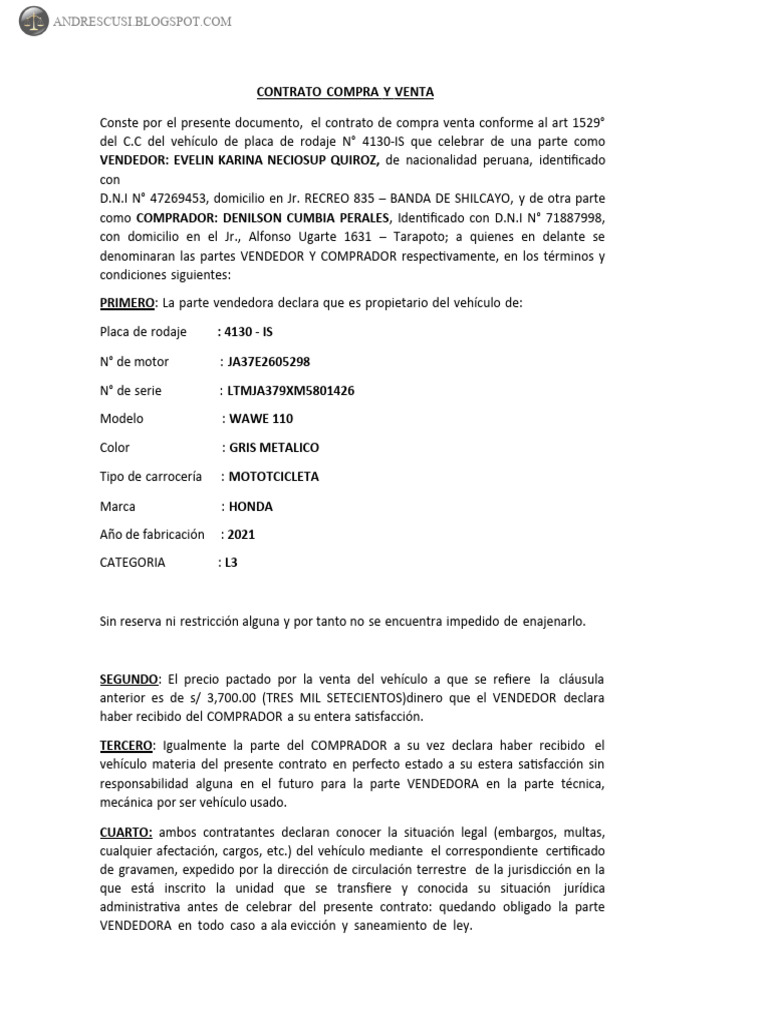 Contrato de Compra Venta de Motocicleta | PDF | Derecho civil (sistema ...