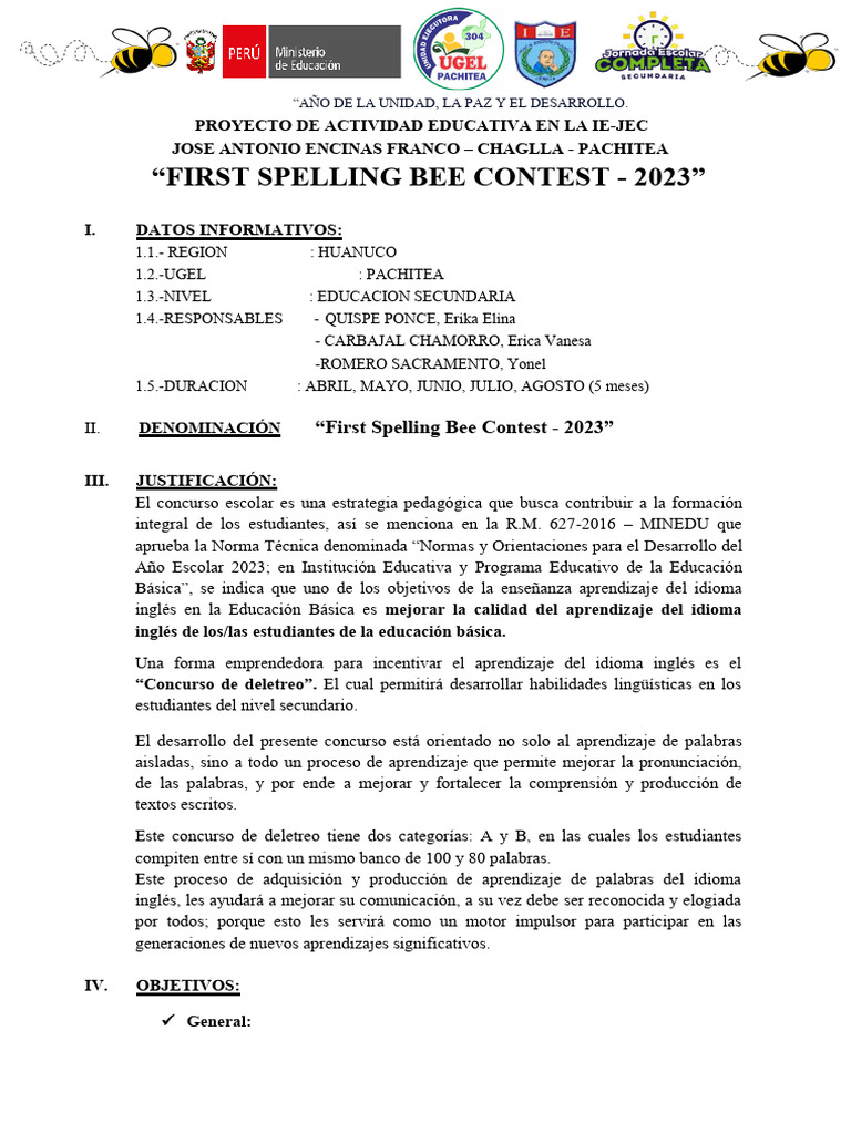 First Spelling Bee Contest 2023 Pdf Enseñando Aprendizaje