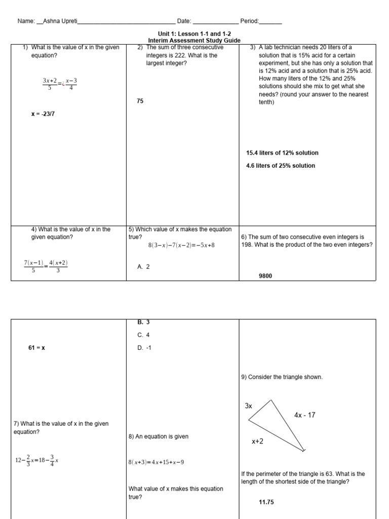 Unit 1 Interim Assessment Study Guide | PDF | Equations | Coffee