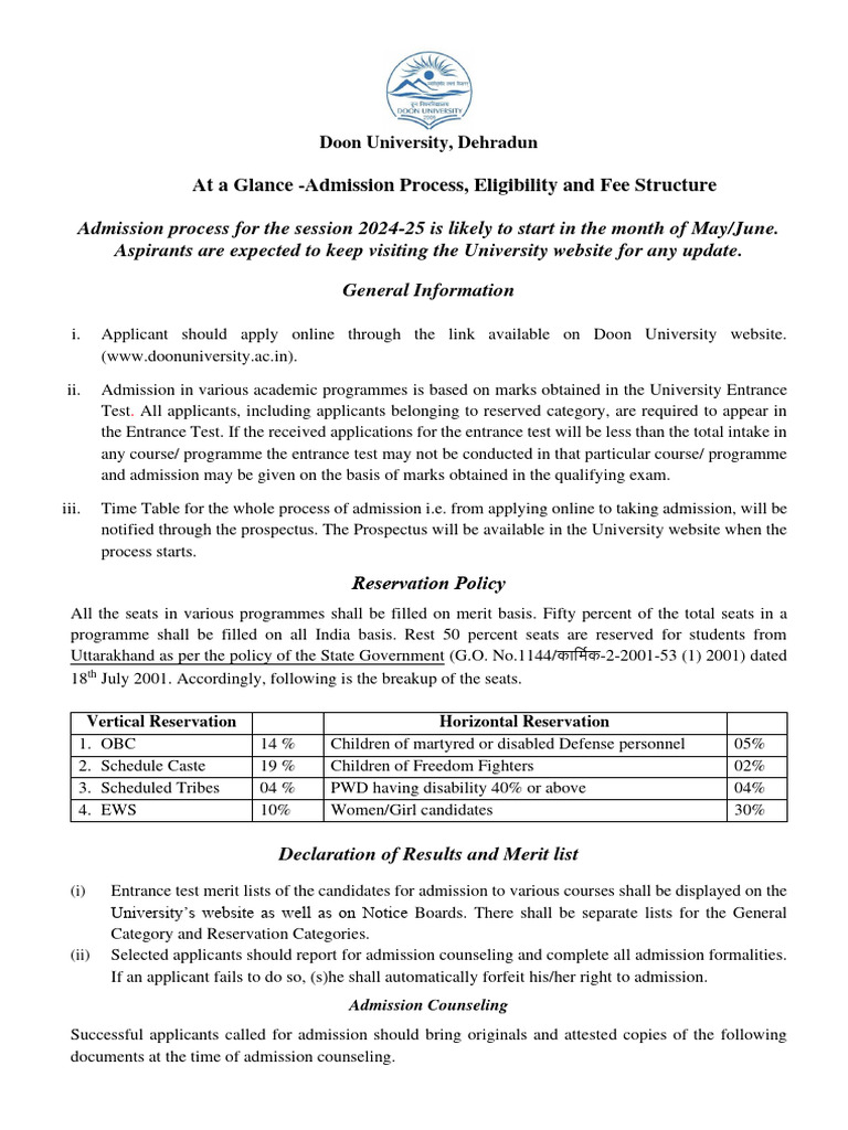 Admission at A Glance - Eligibility Fee Etc | PDF | University And ...
