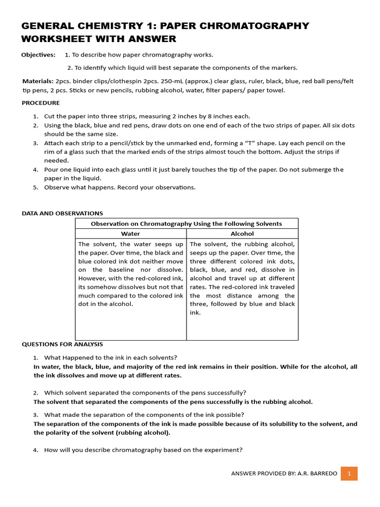 CHEMISTRY - PAPER CHROMATOGRAPHY WORKSHEET WITH ANSWER | PDF ...