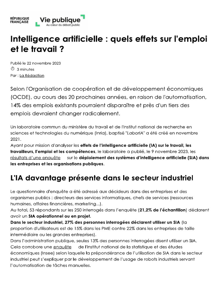 Intelligence Artificielle Et Effets Sur Le Travail | PDF