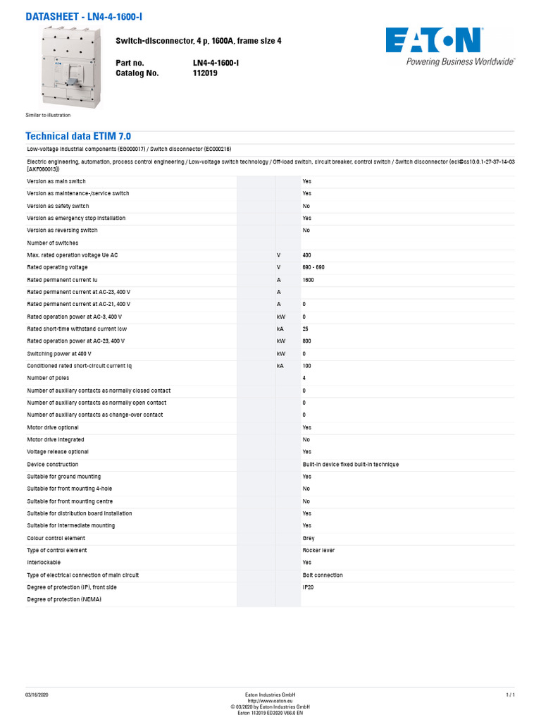 Switch-Disconnector 1600A Datasheet | PDF | Switch | Electrical Engineering