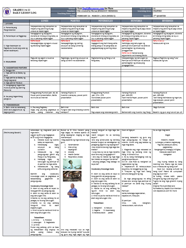 DLL Filipino 6 q3 w5 | PDF