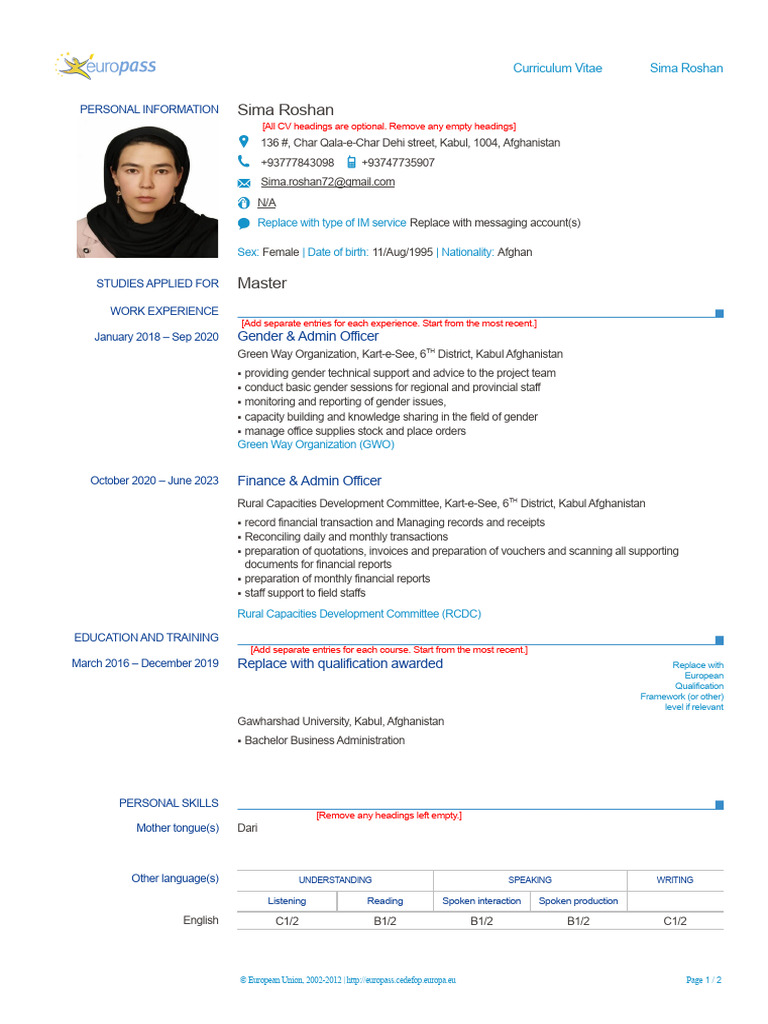 Europass CV Template for Sima Roshan | PDF