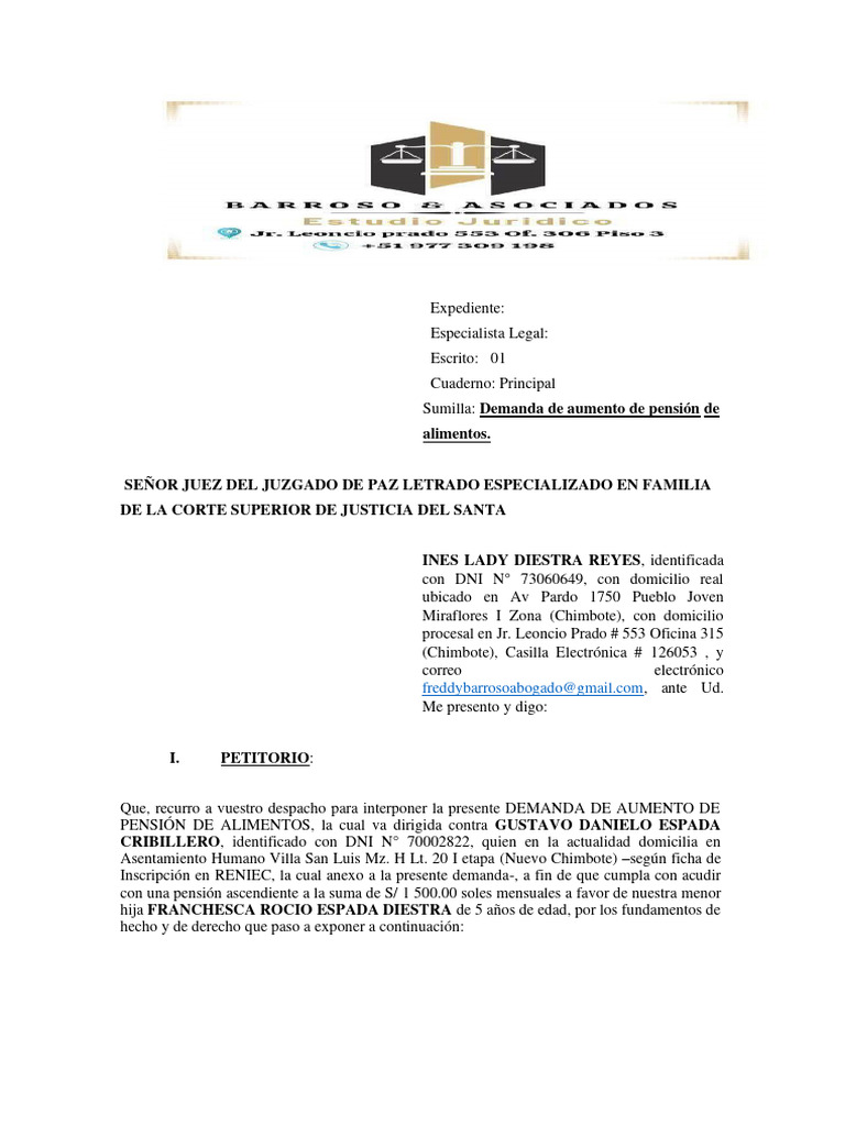 Demanda de Aumento de Alimentos | PDF | Pensión alimenticia