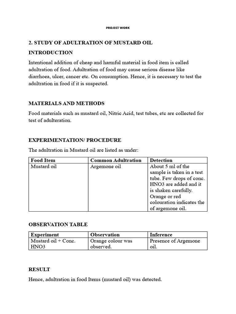 Study of Adultration of Mustard Oil Project Work PDF Carbonated
