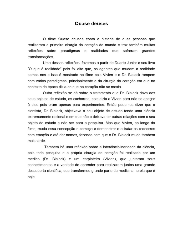 Reflexões sobre o filme Quase Deuses | PDF
