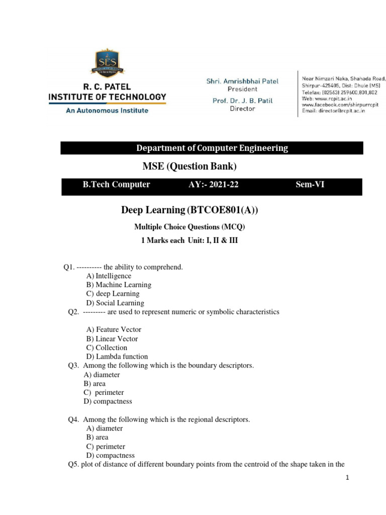 Deep Learning MCQ Question Bank | PDF | Artificial Neural Network ...