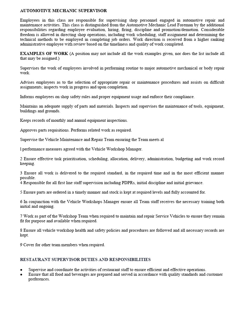 role of supervisor | PDF | Employment | Auto Mechanic