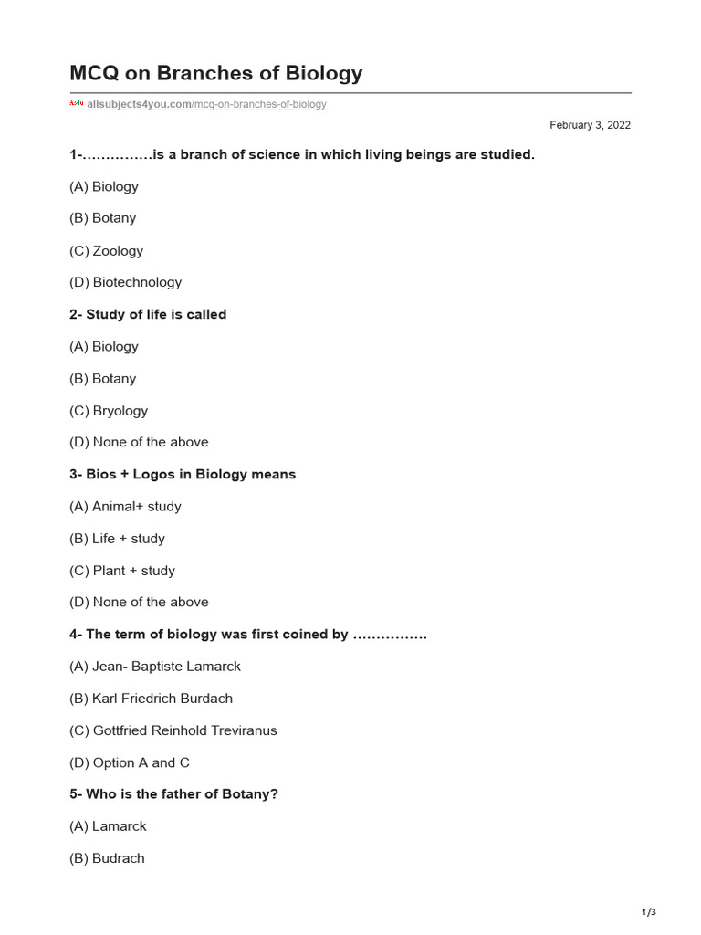 Mcq on branches of biology pdf