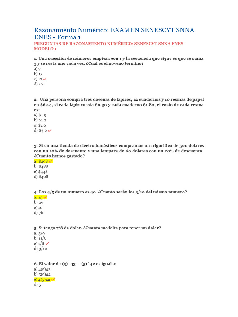 Ejercicios de Razonamiento Numérico SNNA | PDF