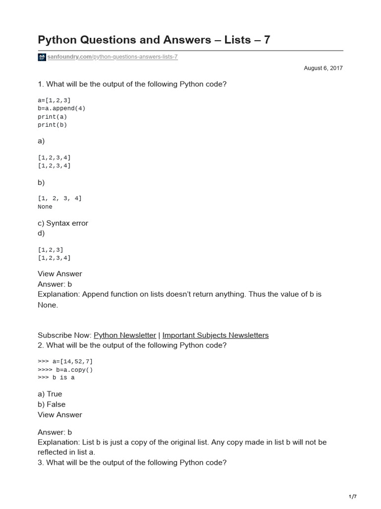 Python Questions and Answers Lists 7 | PDF | Computing | Software ...
