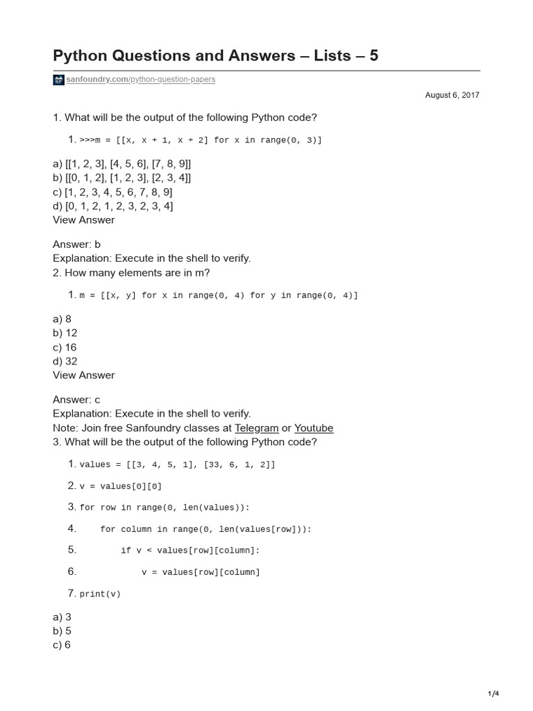 Python Questions and Answers Lists 5 | PDF | Linear Algebra | Algebra