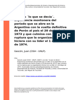 Gascón, Juan (CISH - UNLP). (2007). Los dos ´lo que se decía´. Experiencia montonera del período que se abre en la Argentina con la (...)