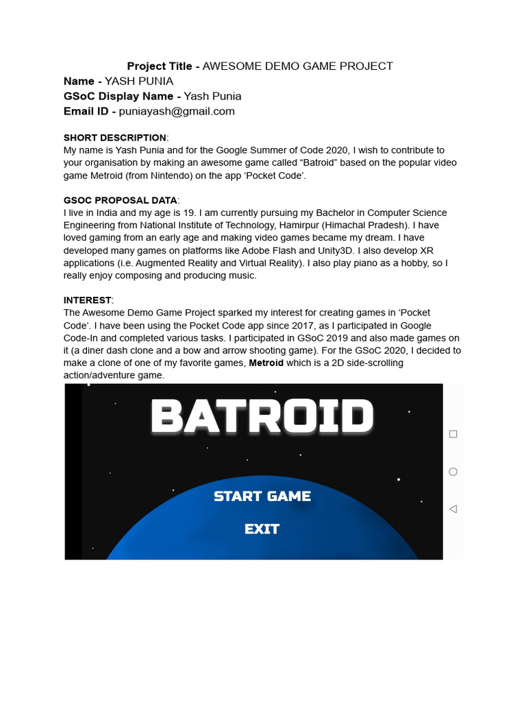 Batroid: GSoC 2020 Game Proposal | PDF | Usability | Computing