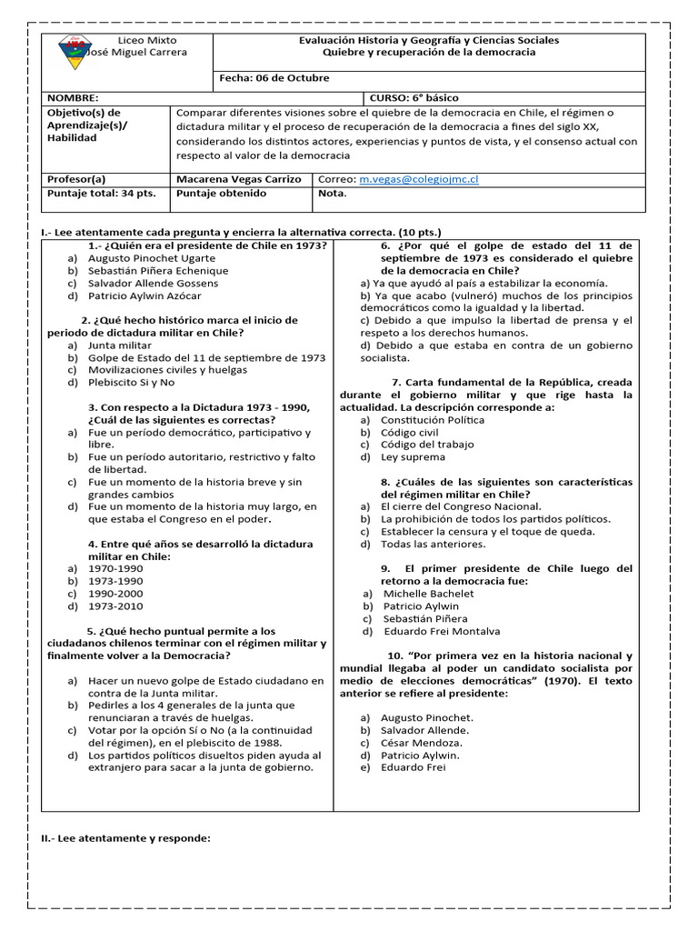 Evaluación Sumativa 6° Quiebre de La Democracia en Chile 06.10 ...