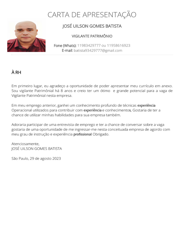 Carta de Apresentação - Vigilante Patrimonial | PDF