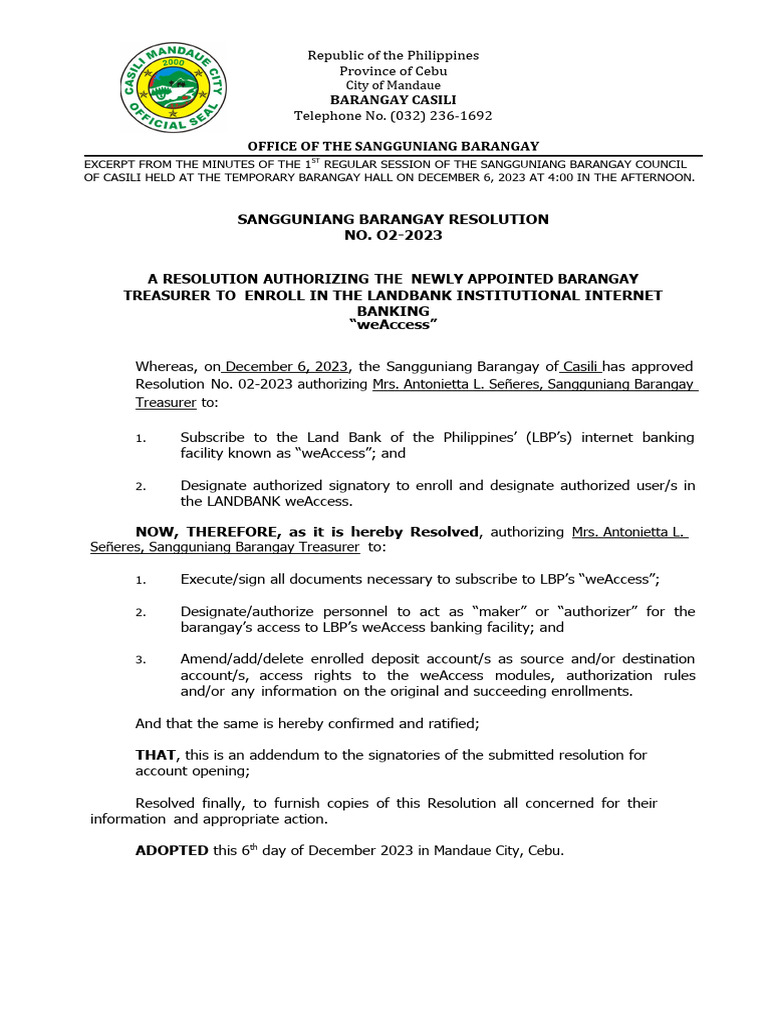Barangay Resolution for weAccess Enrollment | PDF