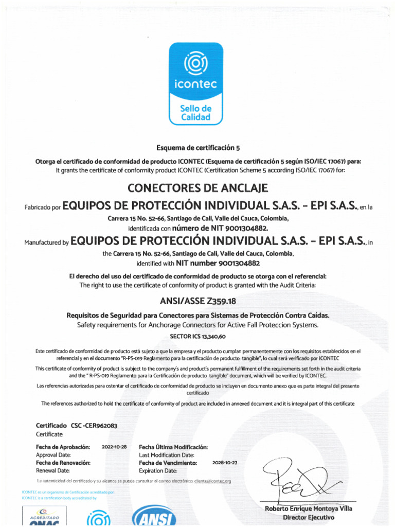 Certificado - Ansi Z359-18 Anclajes | PDF