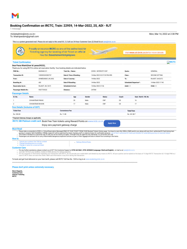 Train - 22959, 14-Mar-2022, 2S, ADI - RJT | PDF | Payments | Banking ...