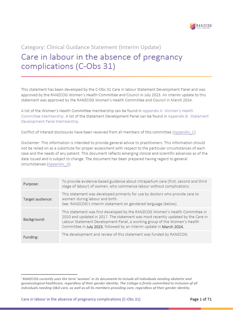 Intrapartum Care Guidelines for Low-Risk Labour | PDF | Childbirth ...