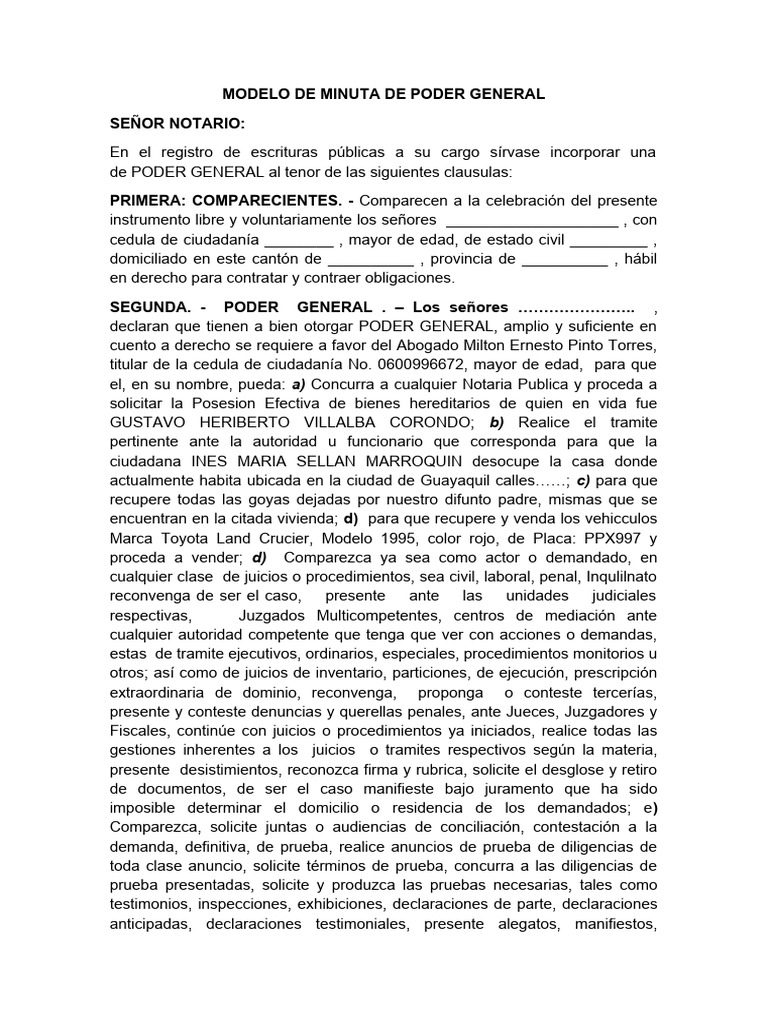 MODELO DE MINUTA DE PODER GENERAL | PDF | Queja | Derecho Civil (Common ...