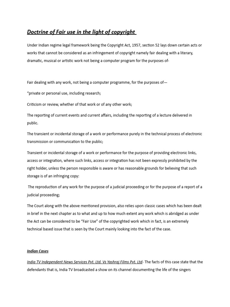 Indian Fair Use Doctrine in Copyright | PDF | Fair Dealing | Copyright