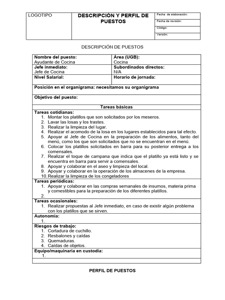 Descripción y Perfil de Puestos-Ayudante de cocina | PDF