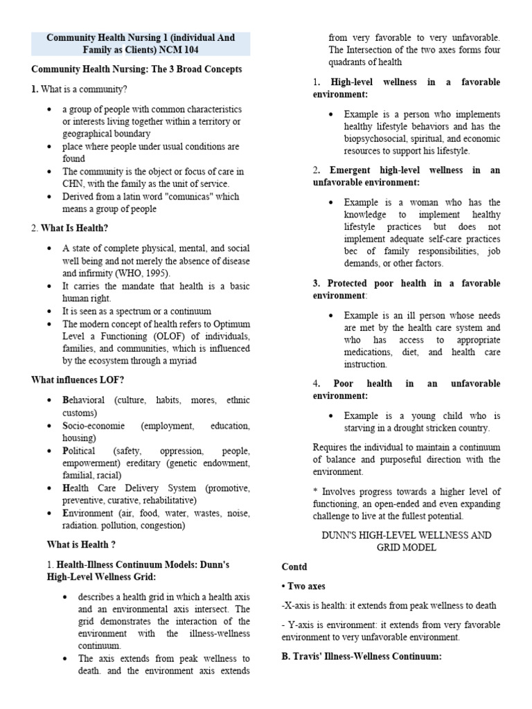 Community Health Nursing 1 (Individual and Family As Clients) NCM 104 ...