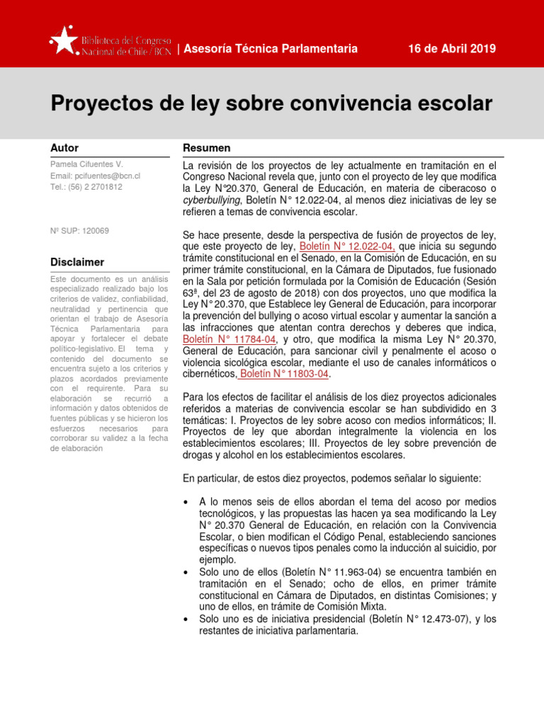 Proyectos de Ley sobre Convivencia Escolar | PDF | Acoso cibernético ...