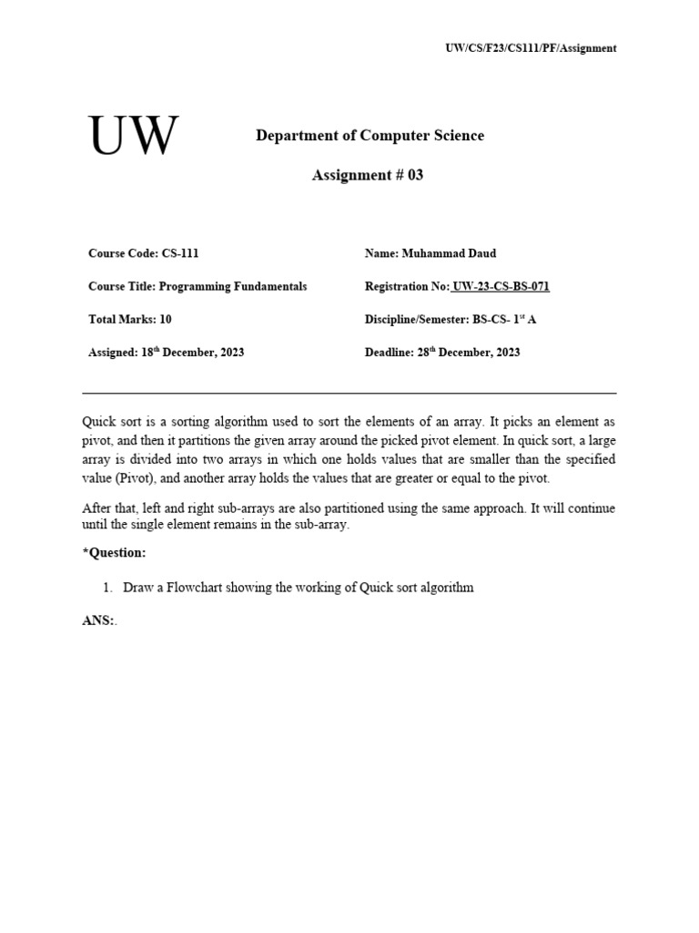 PF Assignment 3 (Uw-23-Cs-Bs-100) | PDF | Computer Programming ...