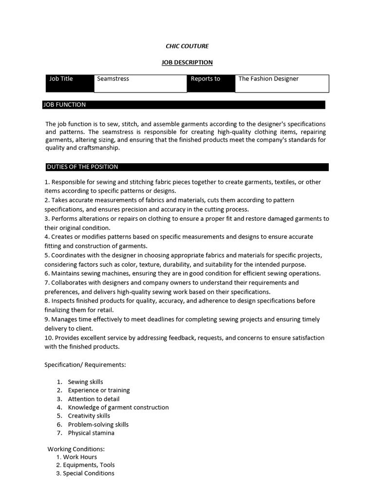 Seamstress job description PDF
