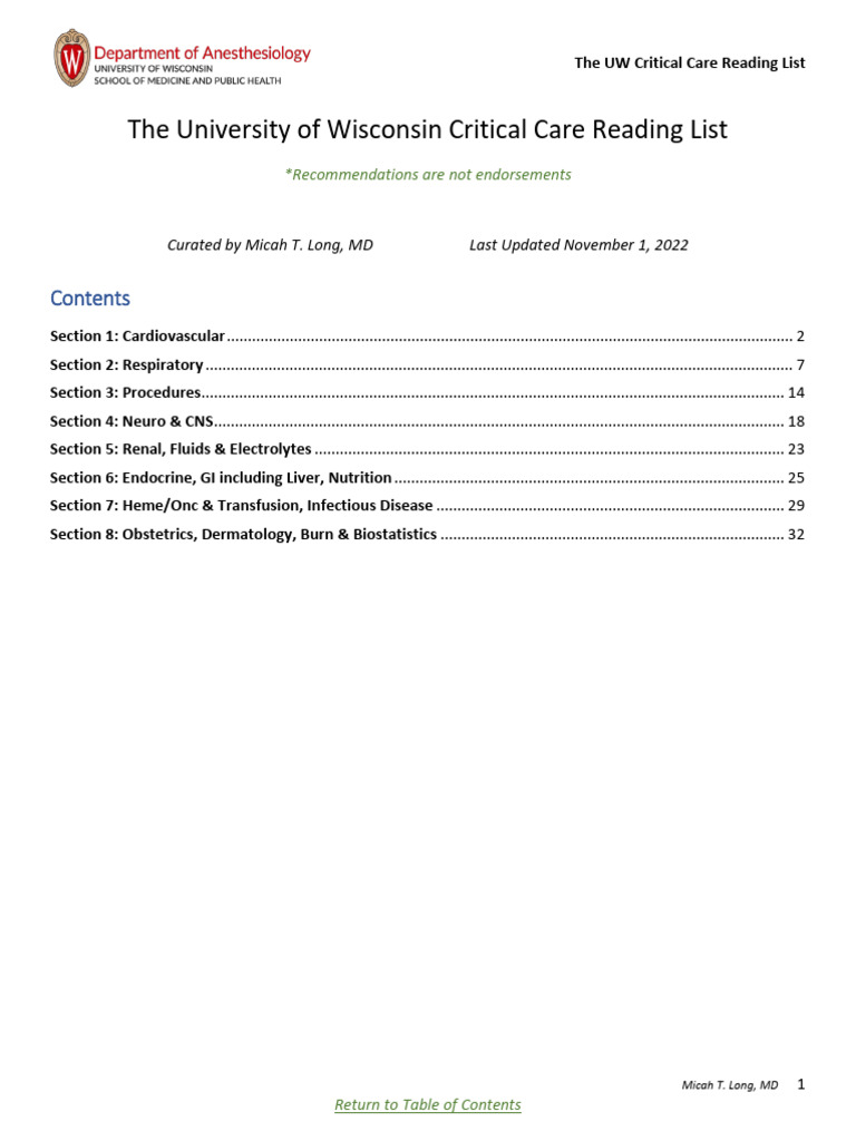 UW Critical Care Reading List Guide | PDF | Lung | Shock (Circulatory)