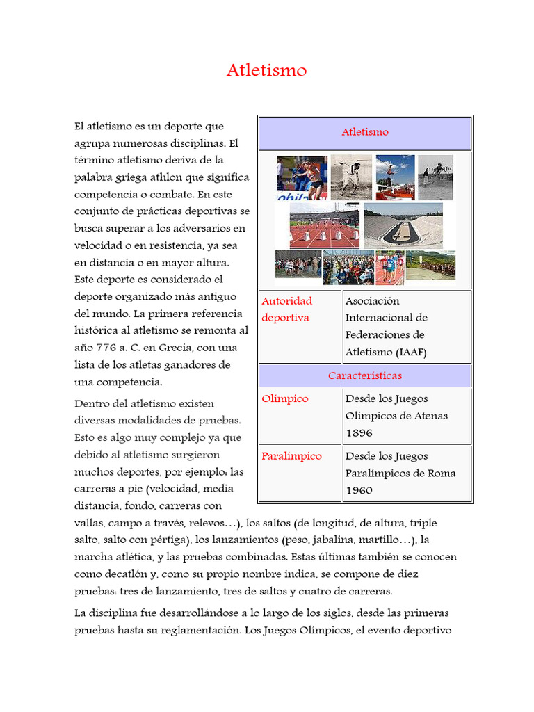 Historia y modalidades del atletismo | PDF | Deporte del atletismo ...