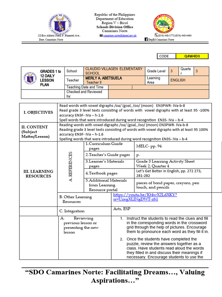 Grade 3 Vowel Digraphs Lesson Plan | PDF | Crossword | Linguistics