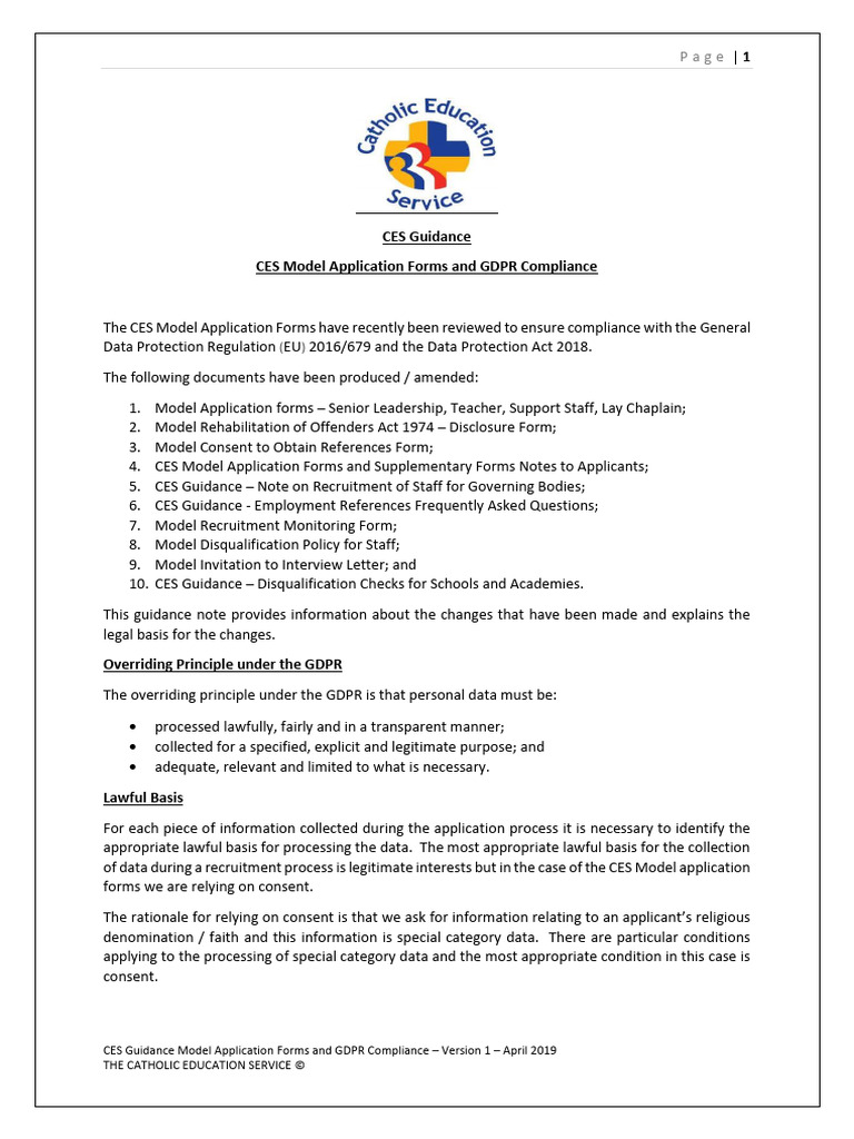 CES Model Application Forms and GDPR Compliance Guidance PDF Regulatory Compliance Justice