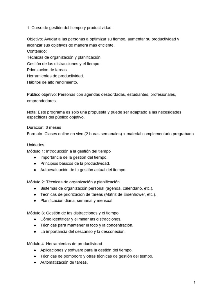 Curso de Gestión del Tiempo y Productividad | PDF | Gestión del tiempo ...