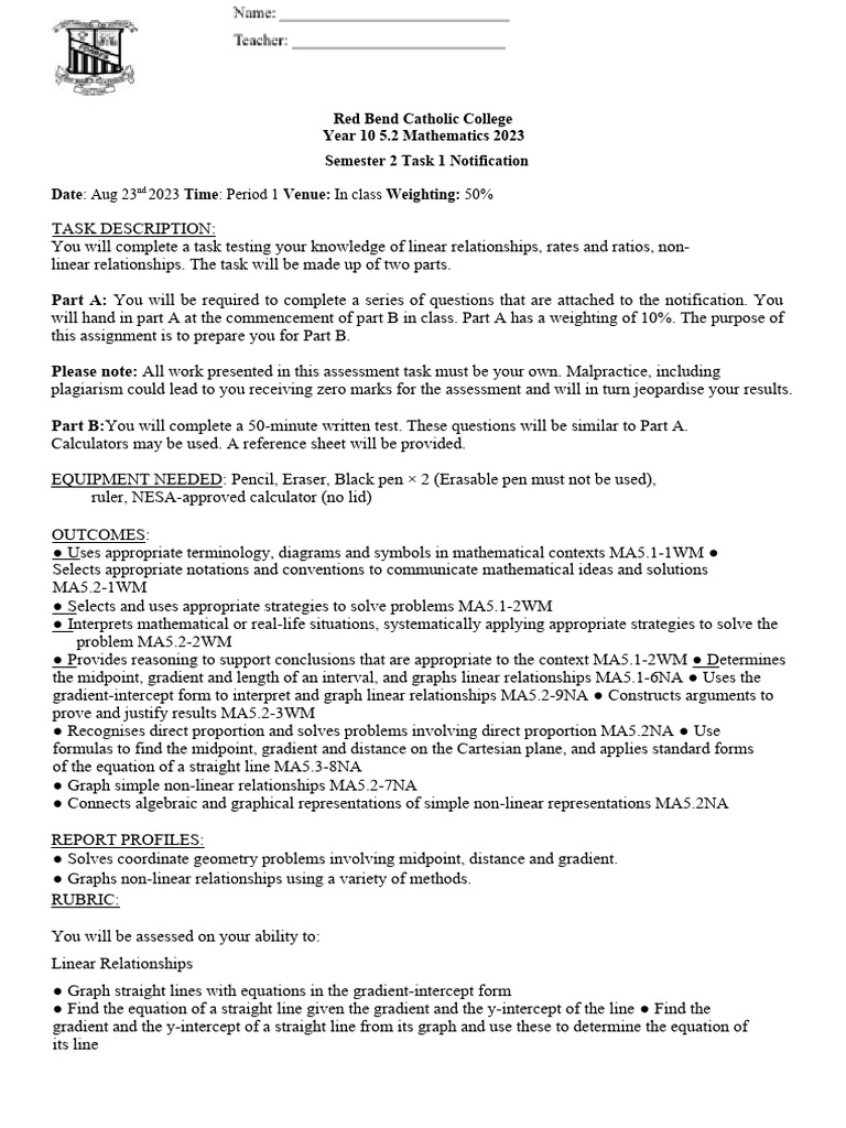 10 5.2 Sem 2 Task 1 Notification 2023 | PDF | Line (Geometry) | Equations